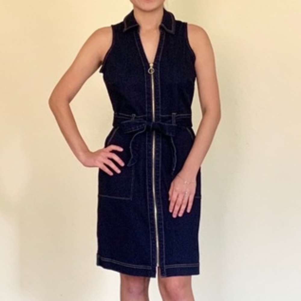 INC International Concepts Denim Sleeveless Mini Dress Sz 4 4P  Zip-up belt Tie